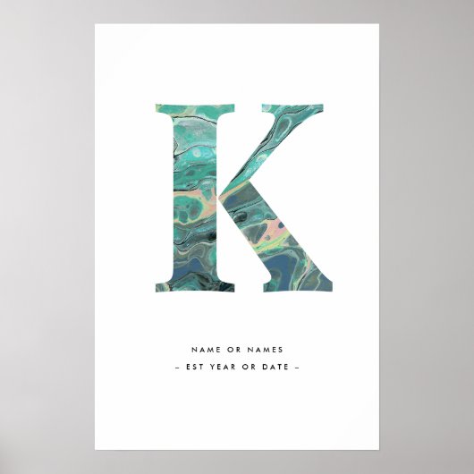 Aqua Marble Letter K Initiaal met persoonlijke voo Poster (Voorkant)