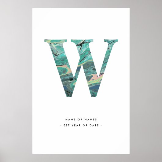 Aqua Marble Letter W Initiaal met Personalization Poster (Voorkant)