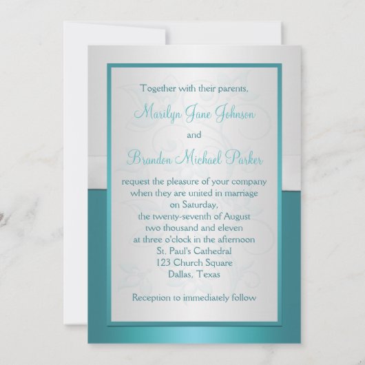 Aqua-marine en Zilver Monogrammed Uitnodiging II (Achterkant)