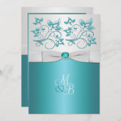 Aqua-marine en Zilver Monogrammed Uitnodiging II (Voorkant / Achterkant)