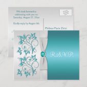 Aqua-marine en zilveren bloemen RSVP Uitnodiging Briefkaart (Voorkant / Achterkant)