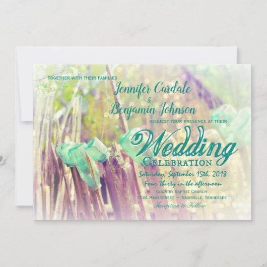 Aqua Mason Jars op Fence Post Wedding Invitations Kaart (Voorkant)