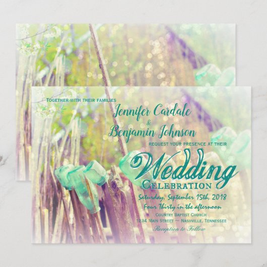 Aqua Mason Jars op Fence Post Wedding Invitations Kaart (Voorkant / Achterkant)