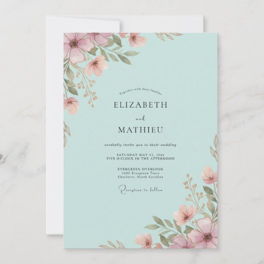 Aqua Mauve Wilde Bloemen Bruiloft Kaart (Voorkant)