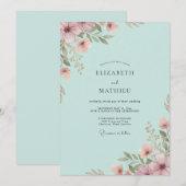 Aqua Mauve Wilde Bloemen Bruiloft Kaart (Voorkant / Achterkant)