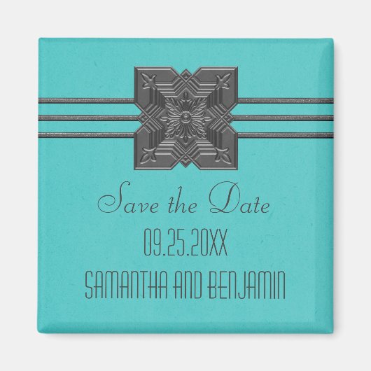 Aqua Medallion Border Save the Date Magnet (Voorkant)
