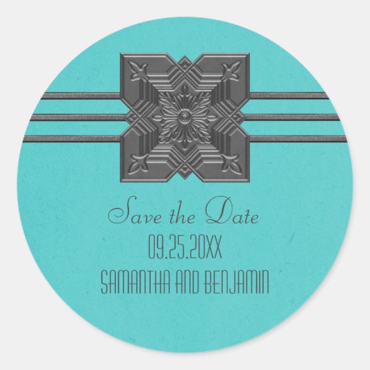 Aqua Medallion Border Save the Date Stickers (Voorkant)
