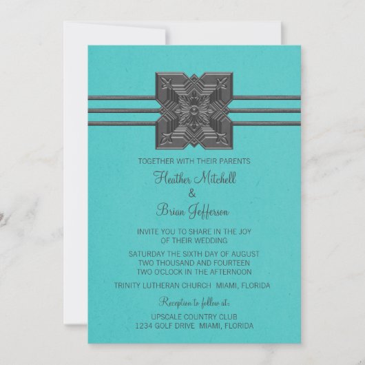 Aqua Medallion Border Wedding Invite Kaart (Voorkant)
