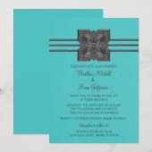 Aqua Medallion Border Wedding Invite Kaart (Voorkant / Achterkant)