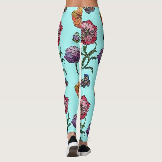 Aqua Medium Poppy Floral Waterverf Leggings (Achterkant)