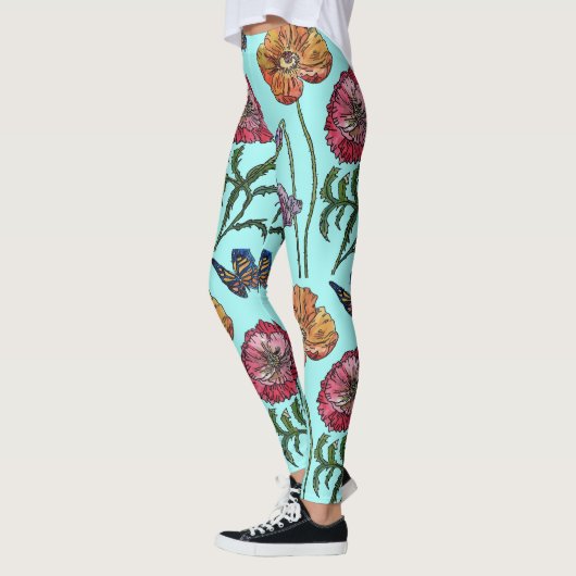 Aqua Medium Poppy Floral Waterverf Leggings (Links)