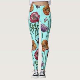 Aqua Medium Poppy Floral Waterverf Leggings