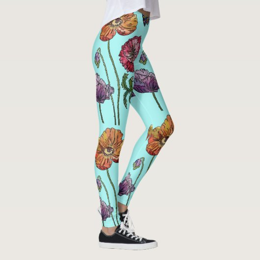 Aqua Medium Poppy Floral Waterverf Leggings (Rechts)