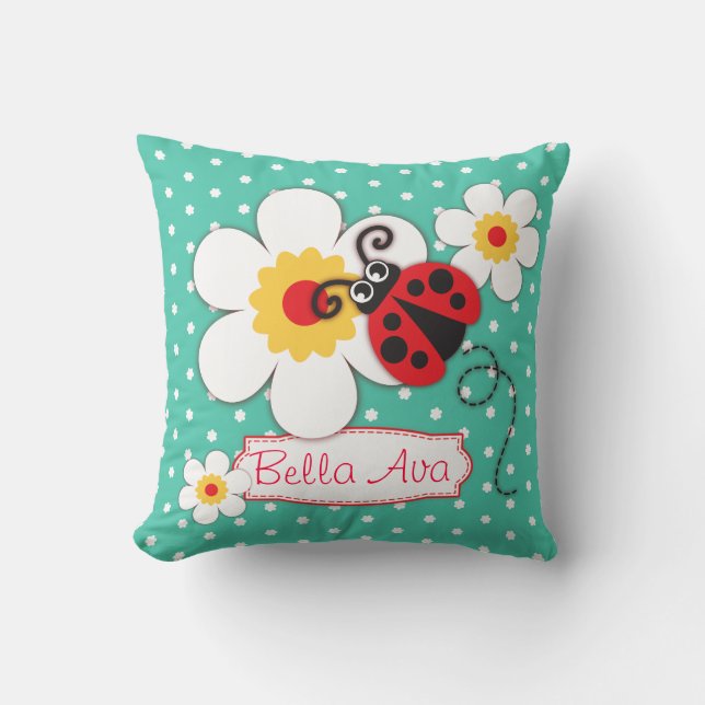 Aqua meisjes ladybug name flower polka stip kussen (Voorkant)