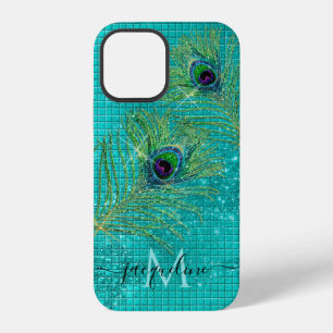 Aqua Meisjesachtig Goud Glitter Pauwveren Monogram iPhone 12 Hoesje