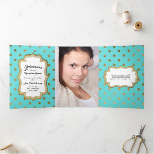 Aqua met Gold Stippen en Custom Photo Quinceañera Drieluik Uitnodiging