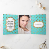 Aqua met Gold Stippen en Custom Photo Quinceañera Drieluik Uitnodiging (Binnen)
