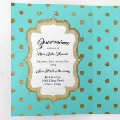 Aqua met Gold Stippen en Custom Photo Quinceañera Drieluik Uitnodiging (Binnenzijde eerst)