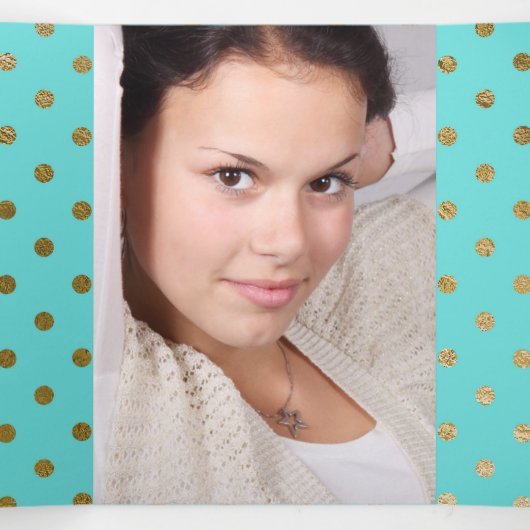Aqua met Gold Stippen en Custom Photo Quinceañera Drieluik Uitnodiging (Binnenkant midden)