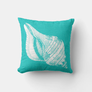 Aqua met White Conch Seashell Burlap Kijk Kussen