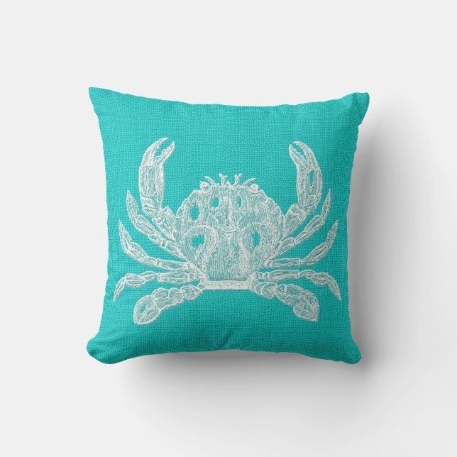 Aqua met White Crab Burlap Kijk Kussen (Voorkant)