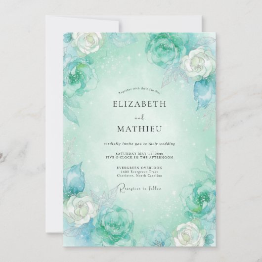 Aqua Mint Bloemen Bruiloft Kaart (Voorkant)