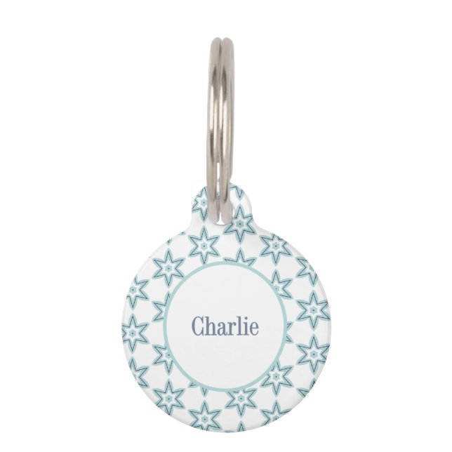 Aqua Mint Blue and White Modern Geometric Stars Huisdierpenning (Voorkant)