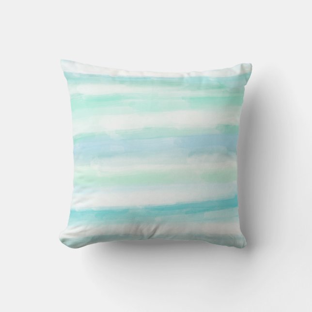 Aqua Mint Blue White Waterverf Stripes Kussen (Voorkant)