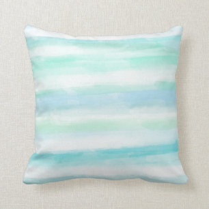 Aqua Mint Blue White Waterverf Stripes Kussen