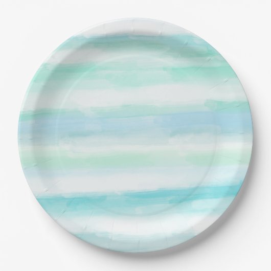 Aqua Mint Blue White Waterverf Stripes Papieren Bordje (Voorkant)