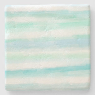 Aqua Mint Blue White Waterverf Stripes Stenen Onderzetter