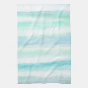 Aqua Mint Blue White Waterverf Stripes Theedoek
