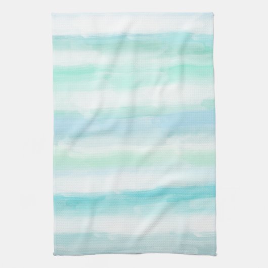 Aqua Mint Blue White Waterverf Stripes Theedoek (Verticaal)