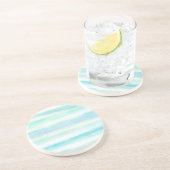 Aqua Mint Blue White Waterverf Stripes Zandsteen Onderzetter (Zijkant)