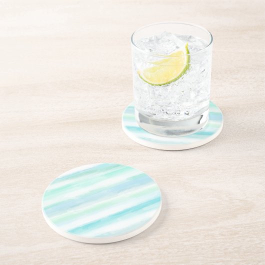 Aqua Mint Blue White Waterverf Stripes Zandsteen Onderzetter (Zijkant)