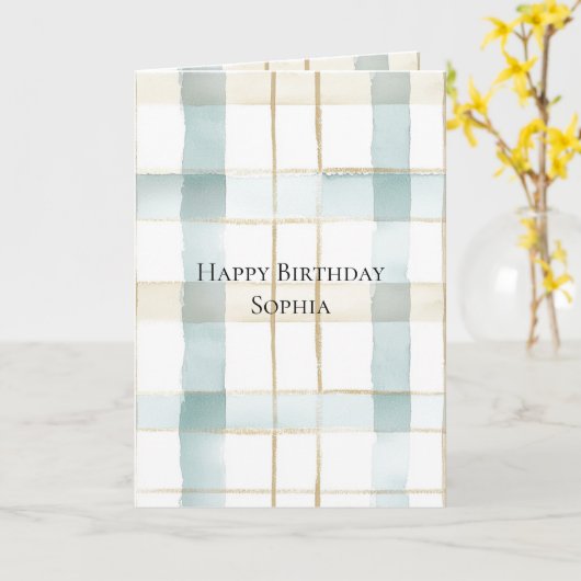 Aqua Mint Cream White Plaid Verjaardag Kaart (Gele Bloem)