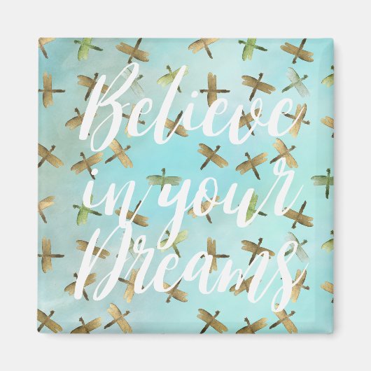 Aqua Mint Gold Dragonflies Geloof in dromen Magneet (Voorkant)