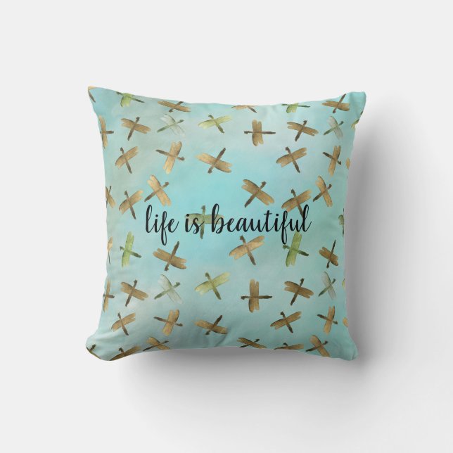 Aqua Mint Gold Dragonflies Waterverf gepersonalise Kussen (Voorkant)