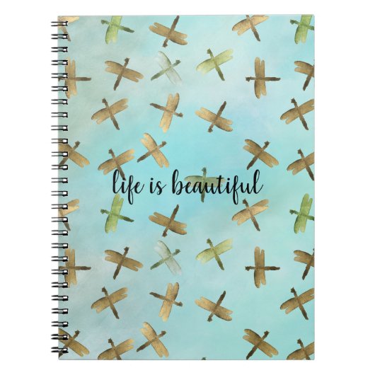 Aqua Mint Gold Dragonflies Waterverf gepersonalise Notitieboek (Voorkant)