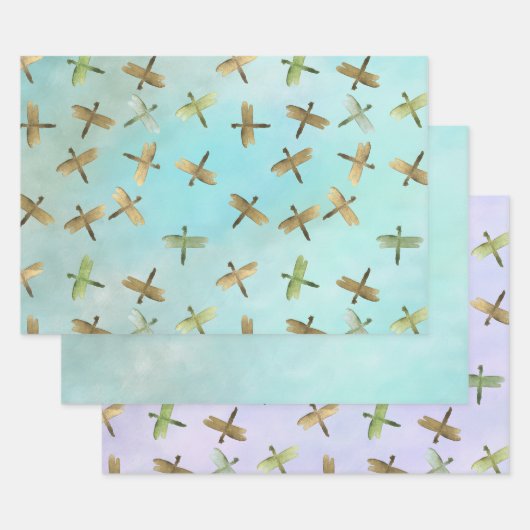 Aqua Mint Gold Dragonflies Waterverf Inpakpapier Vel (Set)