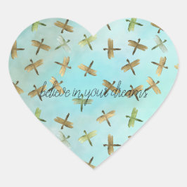Aqua Mint Gold Dragonfly Geloof in dromen Hart Sticker