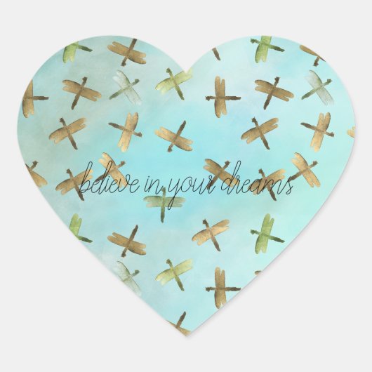 Aqua Mint Gold Dragonfly Geloof in dromen Hart Sticker (Voorkant)