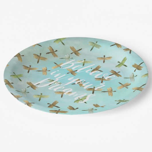 Aqua Mint Gold Dragonfly Geloof in dromen Papieren Bordje (Gekanteld)