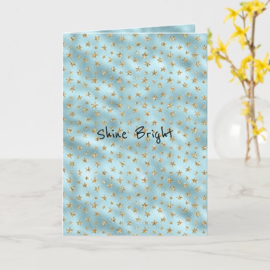 Aqua Mint Gold Glitter Stars Kaart (Gele Bloem)