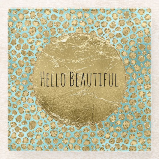 Aqua Mint Gold Glitz Glitter Leopard Glazen Onderzetter (Voorkant)