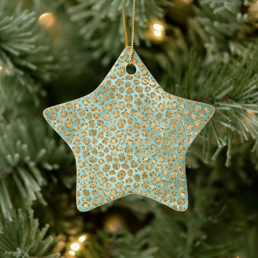 Aqua Mint Gold Glitz Glitter Leopard Keramisch Ornament (Boom)