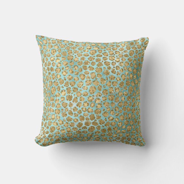 Aqua Mint Gold Glitz Glitter Leopard  Kussen (Voorkant)