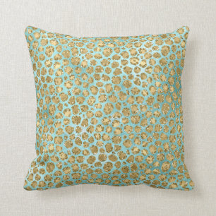 Aqua Mint Gold Glitz Glitter Leopard Kussen