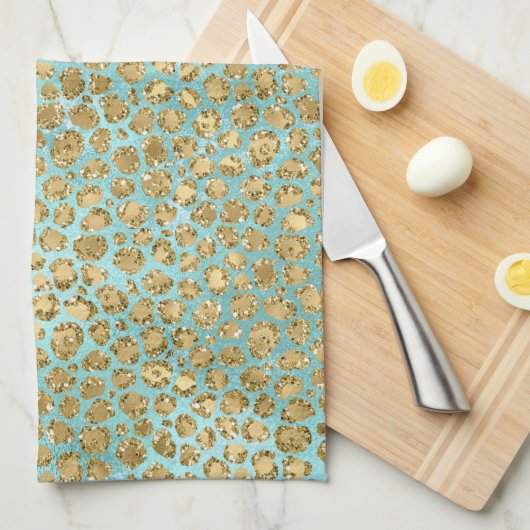 Aqua Mint Gold Glitz Glitter Leopard  Theedoek (Quarter Fold)