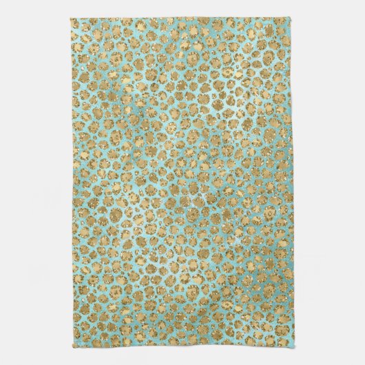 Aqua Mint Gold Glitz Glitter Leopard  Theedoek (Verticaal)